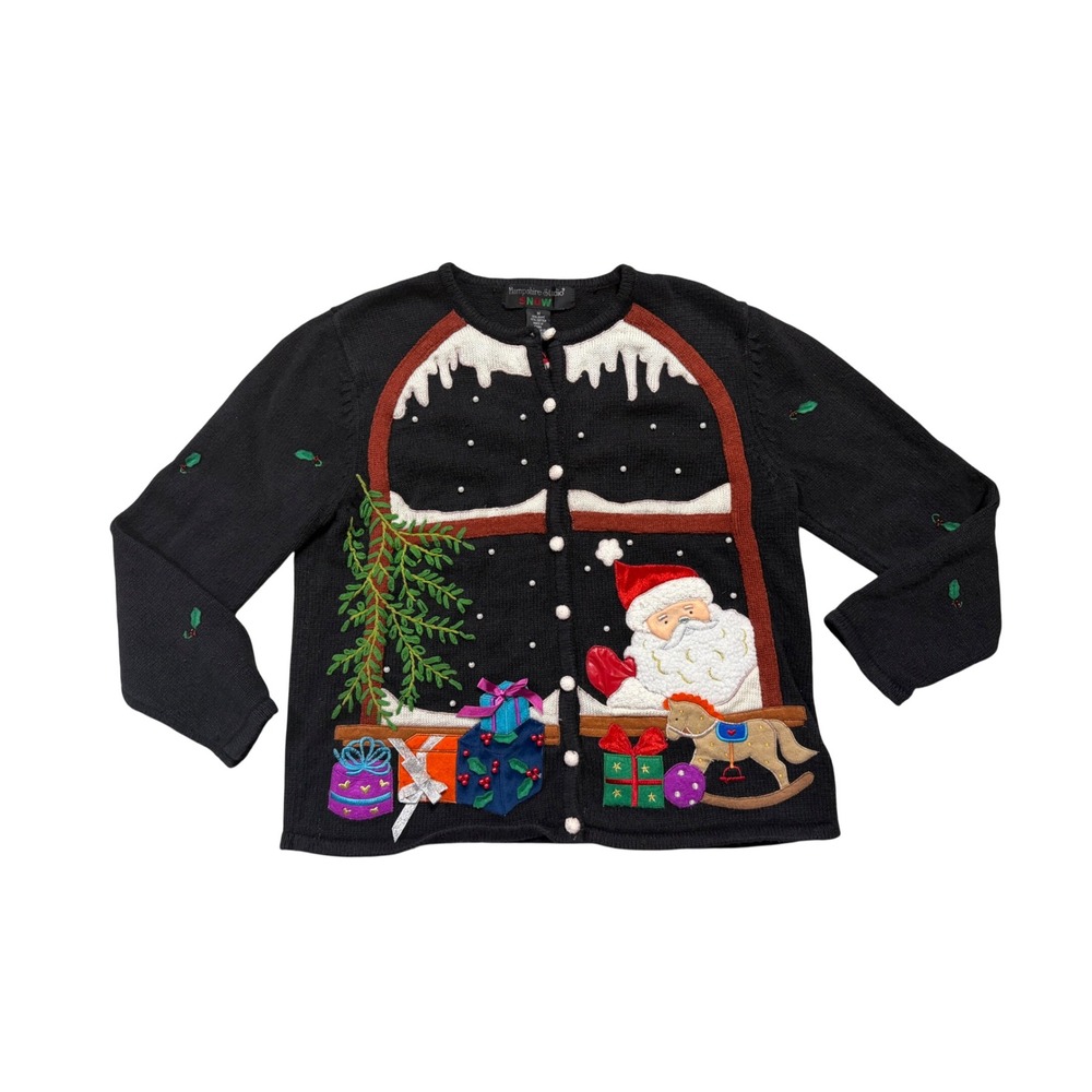 Vintage Hampshire Studio Christmas Cardigan Sweater Santa Window Embroidered M